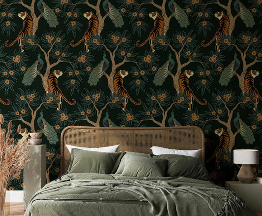 Tigers With Exotic Trees Wallpaper, Dark Botanical Wallpaper, Black Wallpaper, Green Exotic Plants on Black Background Wallpaper