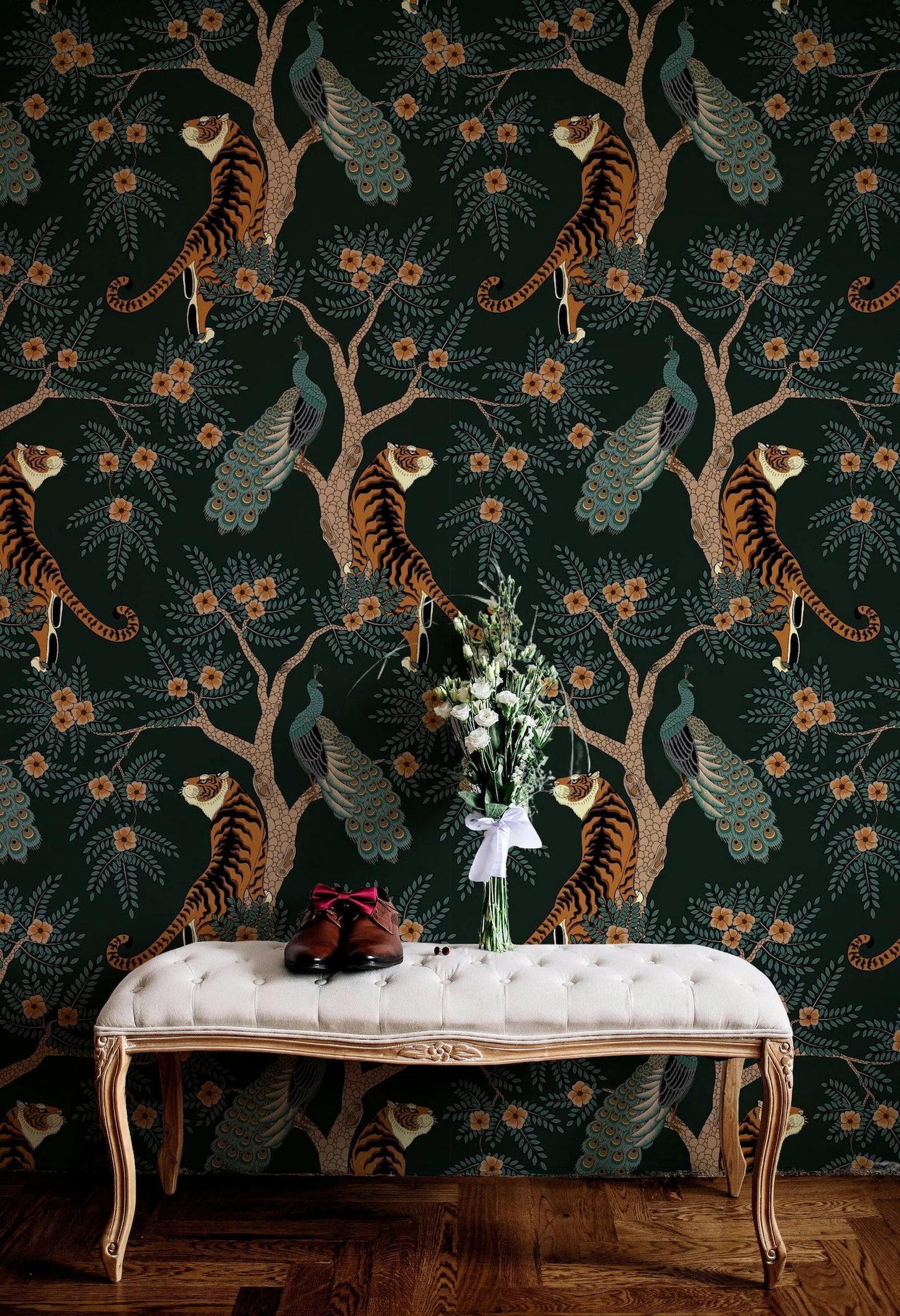 Tigers With Exotic Trees Wallpaper, Dark Botanical Wallpaper, Black Wallpaper, Green Exotic Plants on Black Background Wallpaper