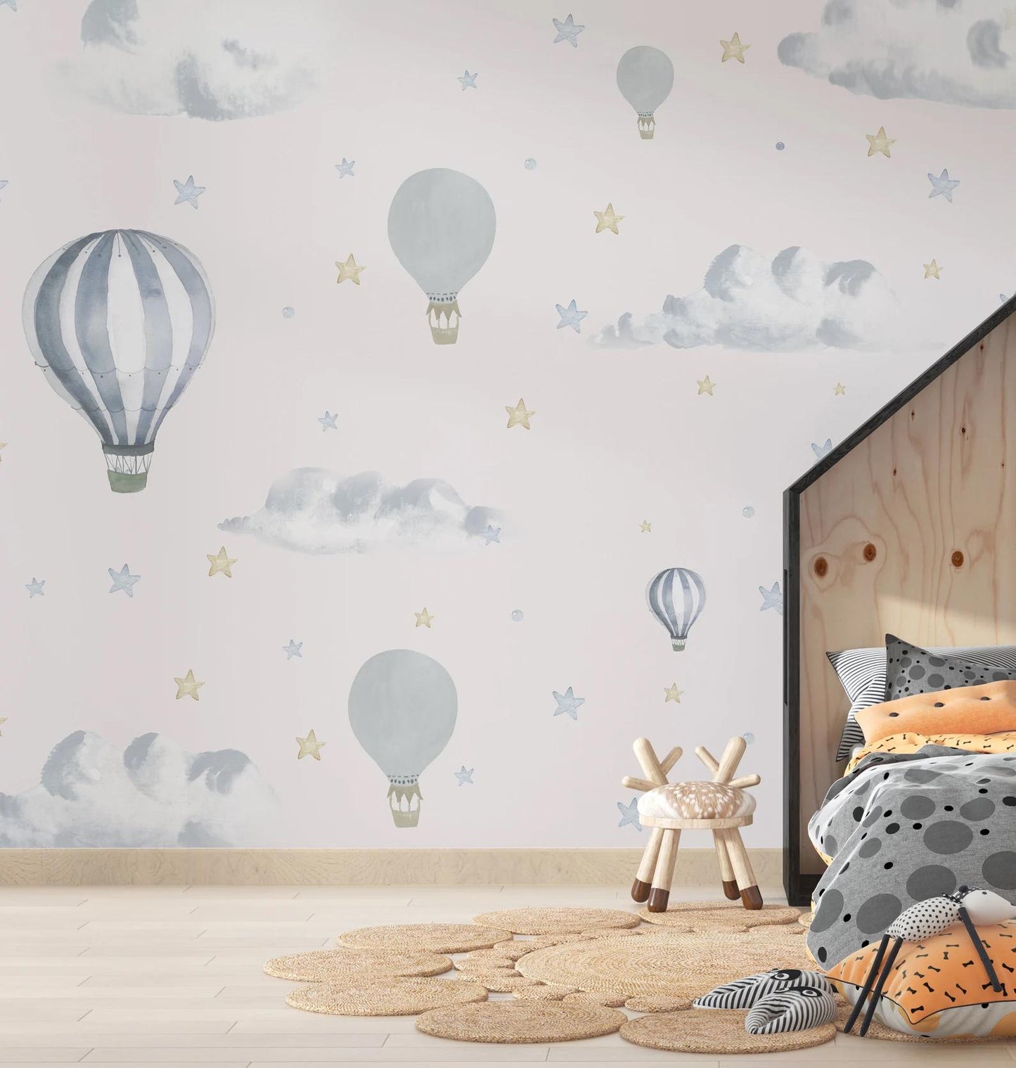 Blue Balloons in The Sky Kids Wallpaper, Sky Child Wallpaper, Cute Wallpaper Nursery, Blue Baby Boy Wallpaper, Clouds and Stars Wall Poster