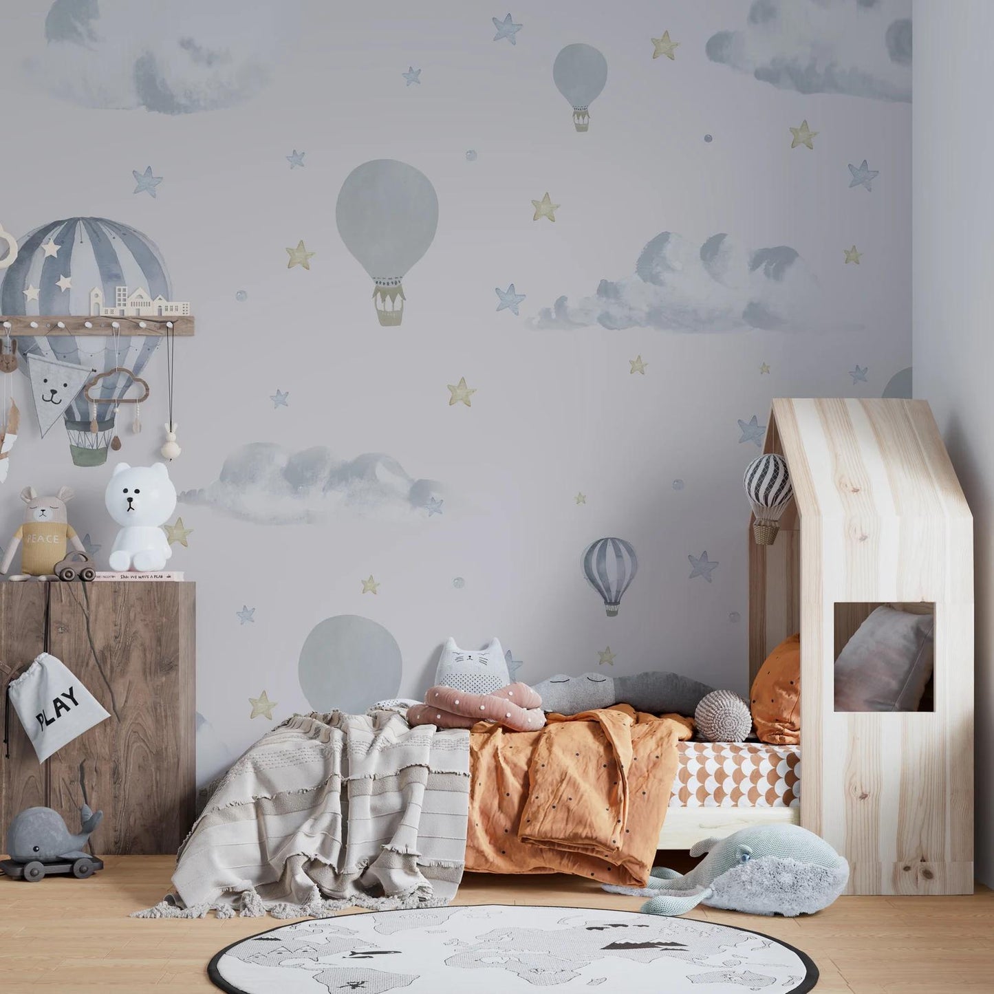 Blue Balloons in The Sky Kids Wallpaper, Sky Child Wallpaper, Cute Wallpaper Nursery, Blue Baby Boy Wallpaper, Clouds and Stars Wall Poster