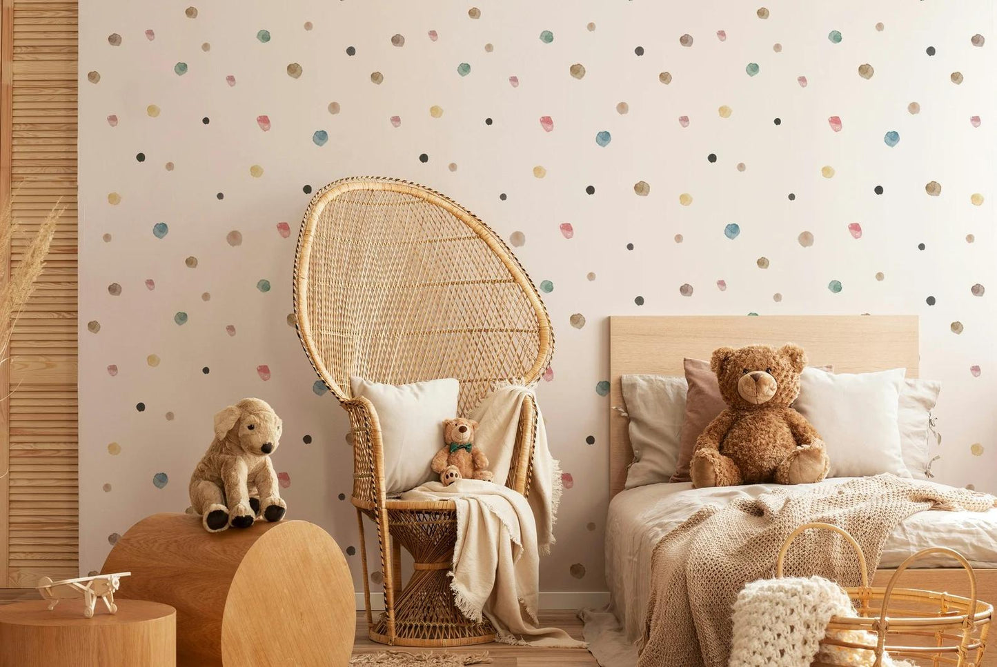 Colorful Polka Dot Pattern on a White Background Kids Wallpaper, Child Wallpaper, Bright Wallpaper Nursery, Funny Baby Room Wallpaper