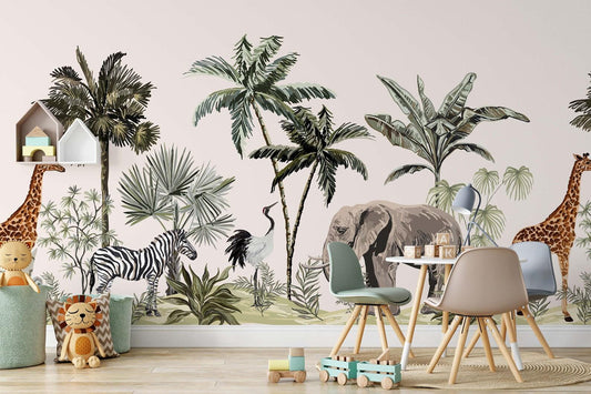 Tropical Jungle Kids Wallpaper, Wildlife Elephant Giraffe Zebra Wallpaper for Kidsroom, Safari Child Wallpaper, Jungle Wallpaper Nursery