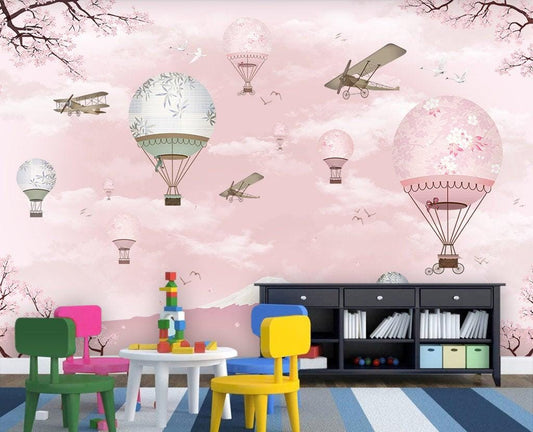 Balloons in Pink Sky Kids Wallpaper, Sky Child Wallpaper, Cute Wallpaper Nursery, Pink Baby Boy Wallpaper, Pink Baby Girl Wall Poster