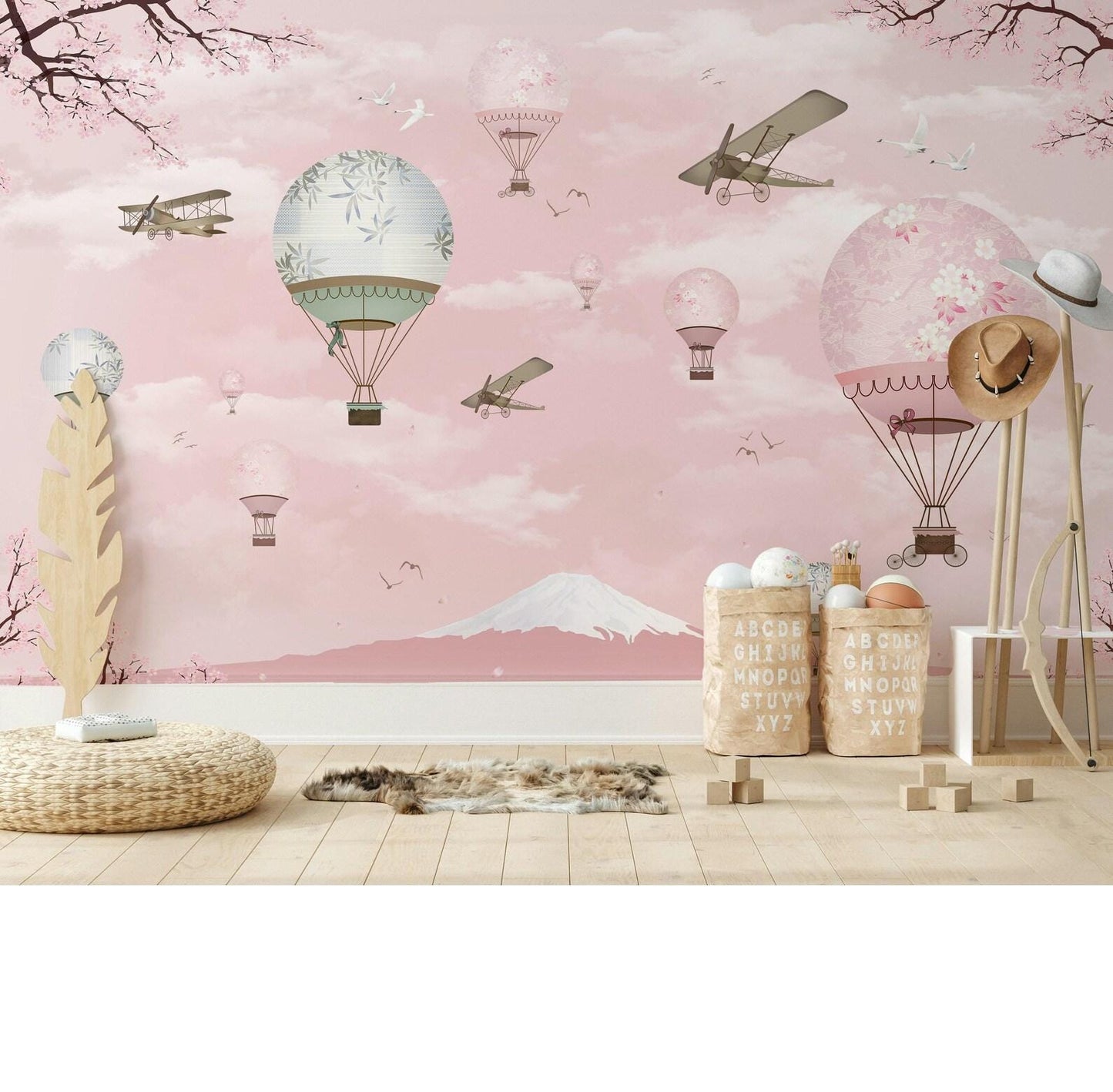 Balloons in Pink Sky Kids Wallpaper, Sky Child Wallpaper, Cute Wallpaper Nursery, Pink Baby Boy Wallpaper, Pink Baby Girl Wall Poster