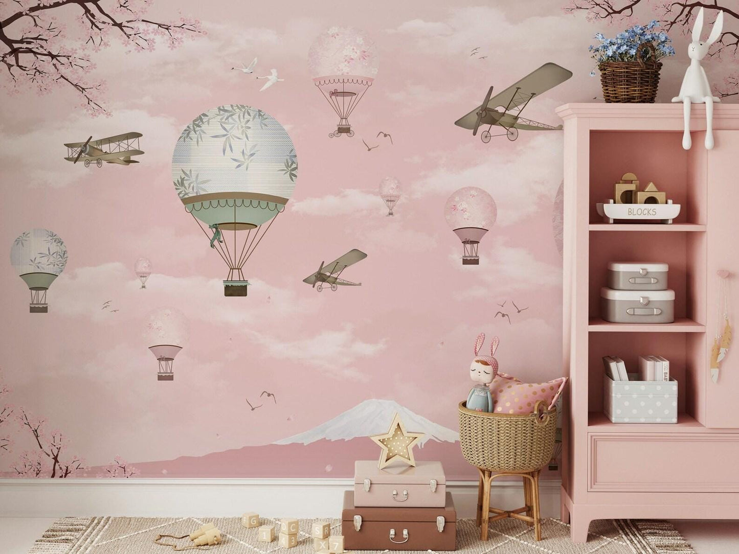 Balloons in Pink Sky Kids Wallpaper, Sky Child Wallpaper, Cute Wallpaper Nursery, Pink Baby Boy Wallpaper, Pink Baby Girl Wall Poster