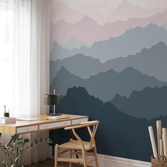 Abstract Forest wallpaper in Blue Gray Tones, Foggy Forest Wallpaper, Illustration Mountain Wallpaper, Watercolor Wallpaper