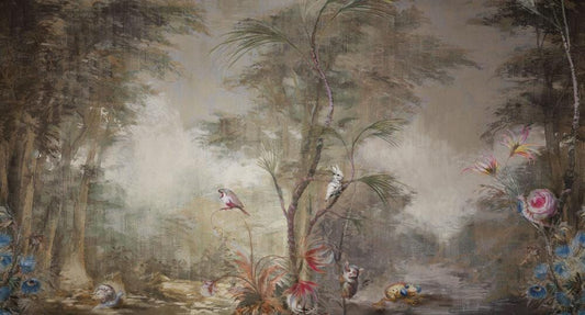 Tropical Birds Brown Wallpaper, Tropical Plants Wallpaper, Rainforests Themed Wallpaper, Bird Sanctuary Mural, Exotic Plant Floral Wallpaper