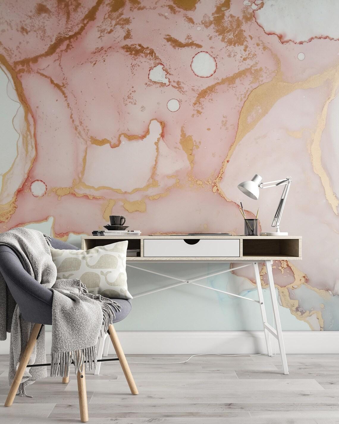 Pink and Gold Look Modern Wallpaper, Abstract Peel & Stick Wallpaper, Stylish Room Design, Modern Marble Wallpaper, Luxury Pink Wallpaper