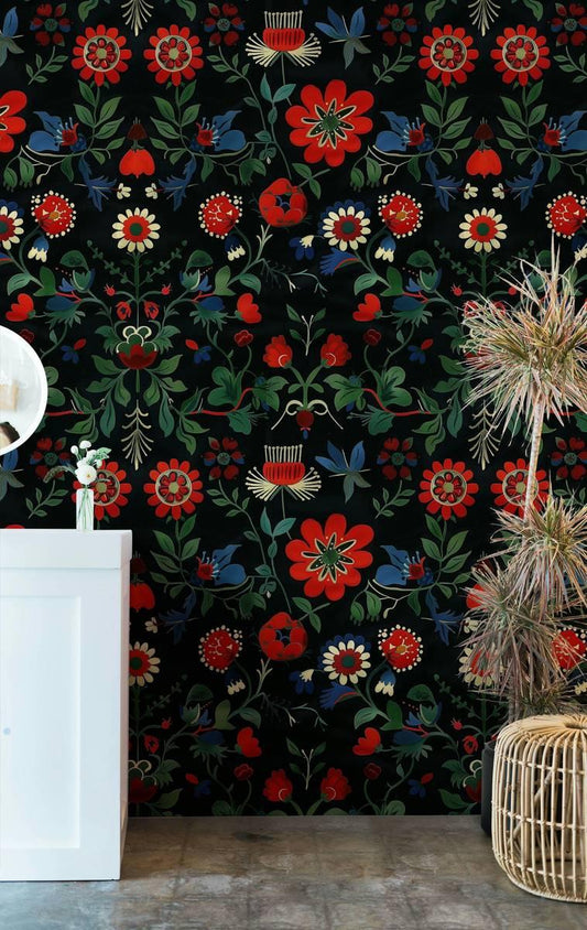 Traditional Turkish Pattern Floral Wallpaper, Dark Background, Black Wallpaper with Red Flowers, Hand Painted Darkness Floral Wallpaper
