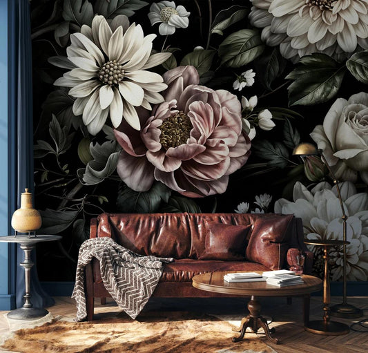 Night Garden Big Flowers Wallpaper, Elegant Flowers Wallpaper, Darkness Floral Painting Wallpaper, Romantic Mural, Bloom Wallpaper