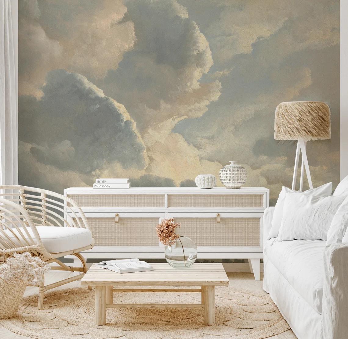 Oil Painting Style Clouds Wallpaper, Nature Art Wallpaper, Sky Wallpaper, Cloudy Nature Mural, Peel and Stick Wallpaper, Blue Wallpaper