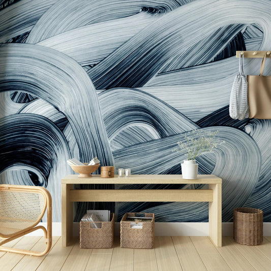 Abstract Blue Brush Marks Wallpaper, Blue Waves 3D Bathroom Wallpaper, Stylish Modern Artistic Poster, Boho Wallpaper