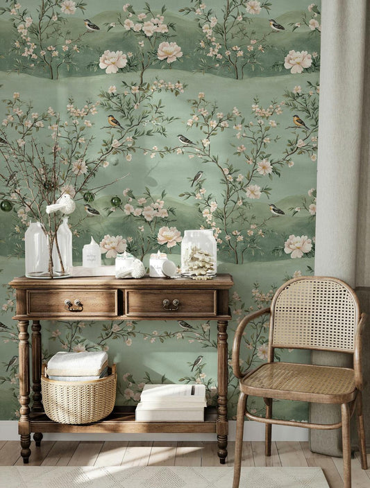 Green Vintage Wallpaper with Birds and Flowers, Vintage Floral Pattern Wallpaper, Romantic Drawing Mural, Elegant Chinoiserie Wallpaper