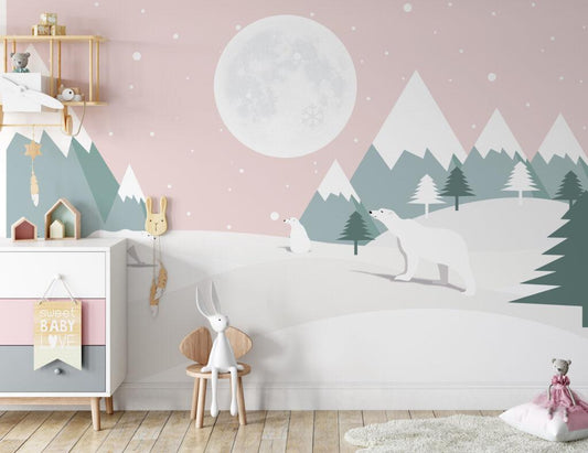 Winter's Tale Kidsroom Wall Poster, Illustration Snowy Mountains Child Wallpaper, Funny Baby Wallpaper, Colourful Watercolor Nursery
