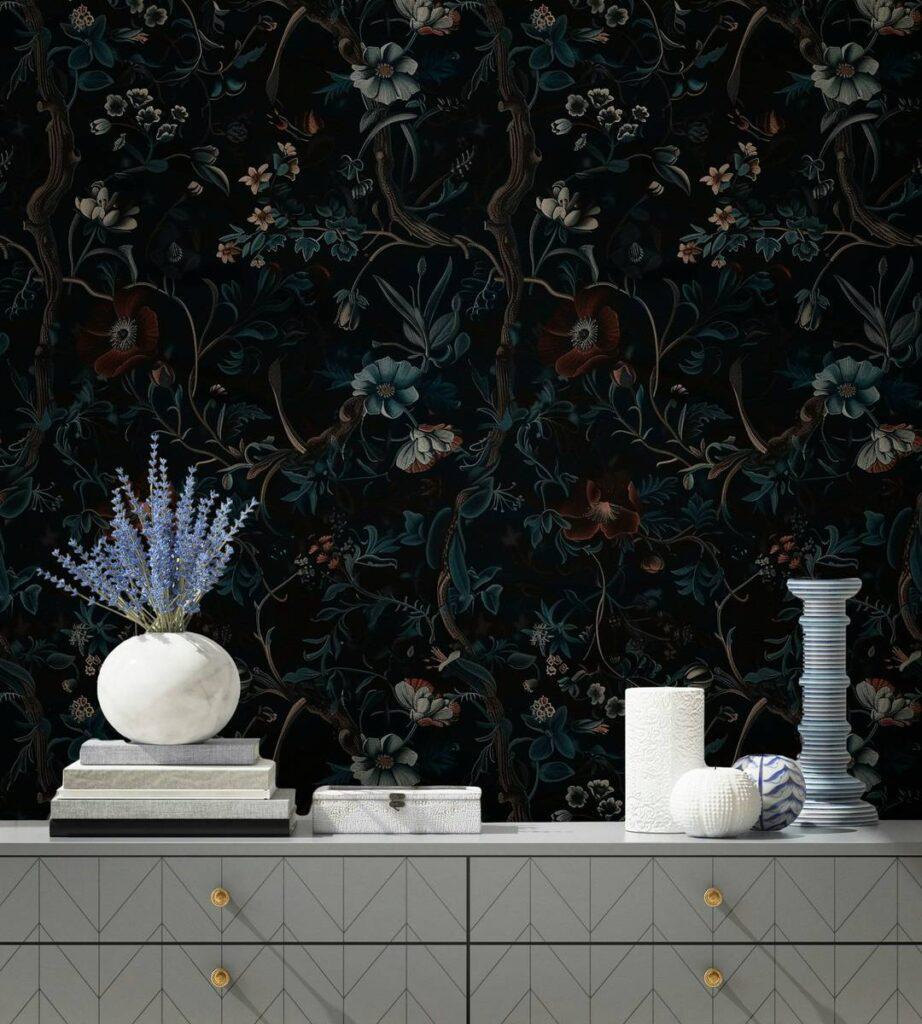 Dark Bohemian Botanical Garden Wallpaper, Exotic Flowers on black Background, Mystic Wallpaper, Floral Wallpaper, Dark Flowers Wallpaper