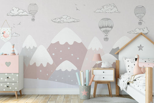 Pink Snowy Mountains Kids Wallpaper, Illustration Winter Child Wallpaper, Funny Baby Wallpaper Nursery, Baloons and Clouds Baby Wallpaper