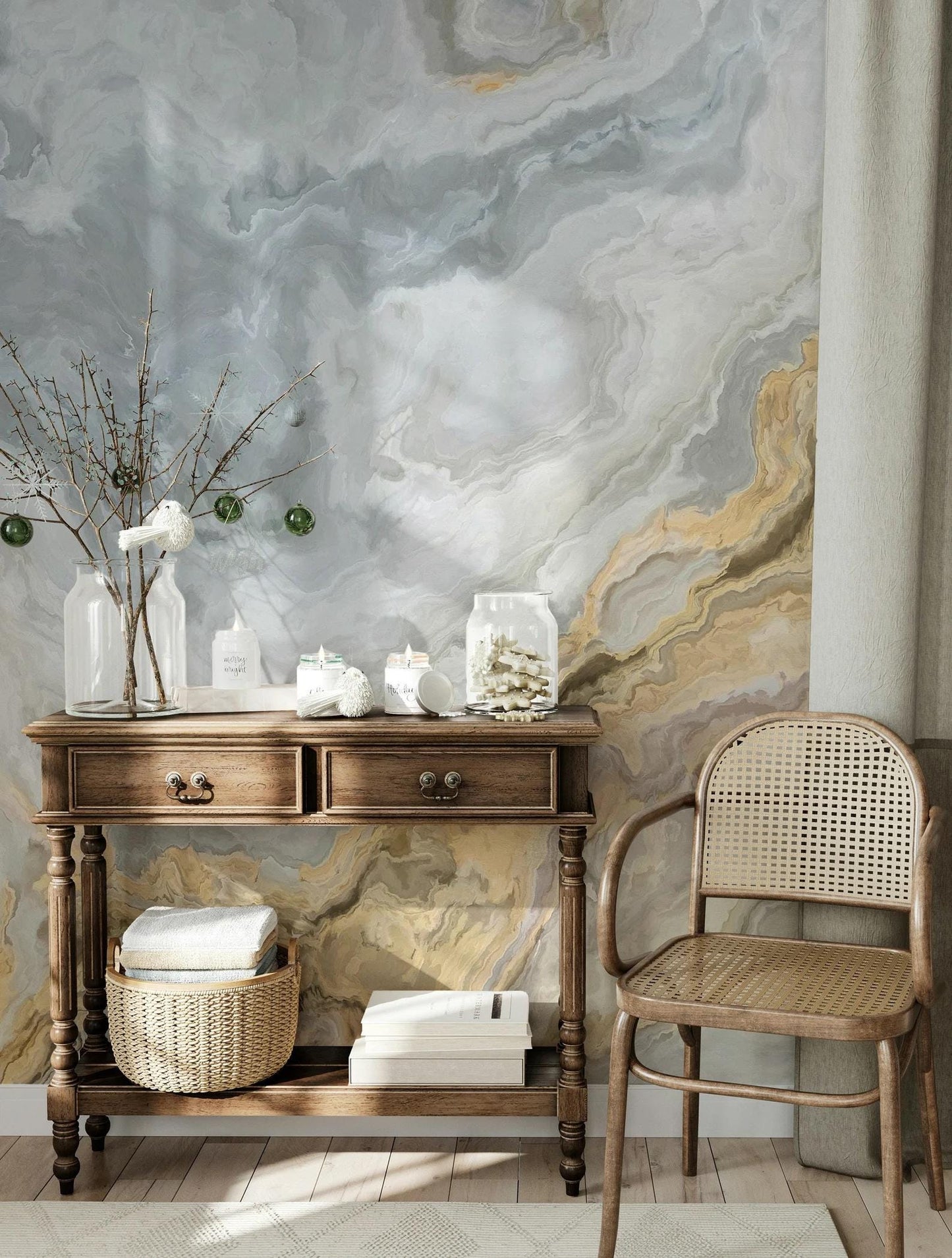 Blue Toned Wallpaper with Gold Marble Effect Wallpaper, Peel&Stick Wallpaper,Design Mural, Modern Wallpaper, Natural Look Marble Wall Poster