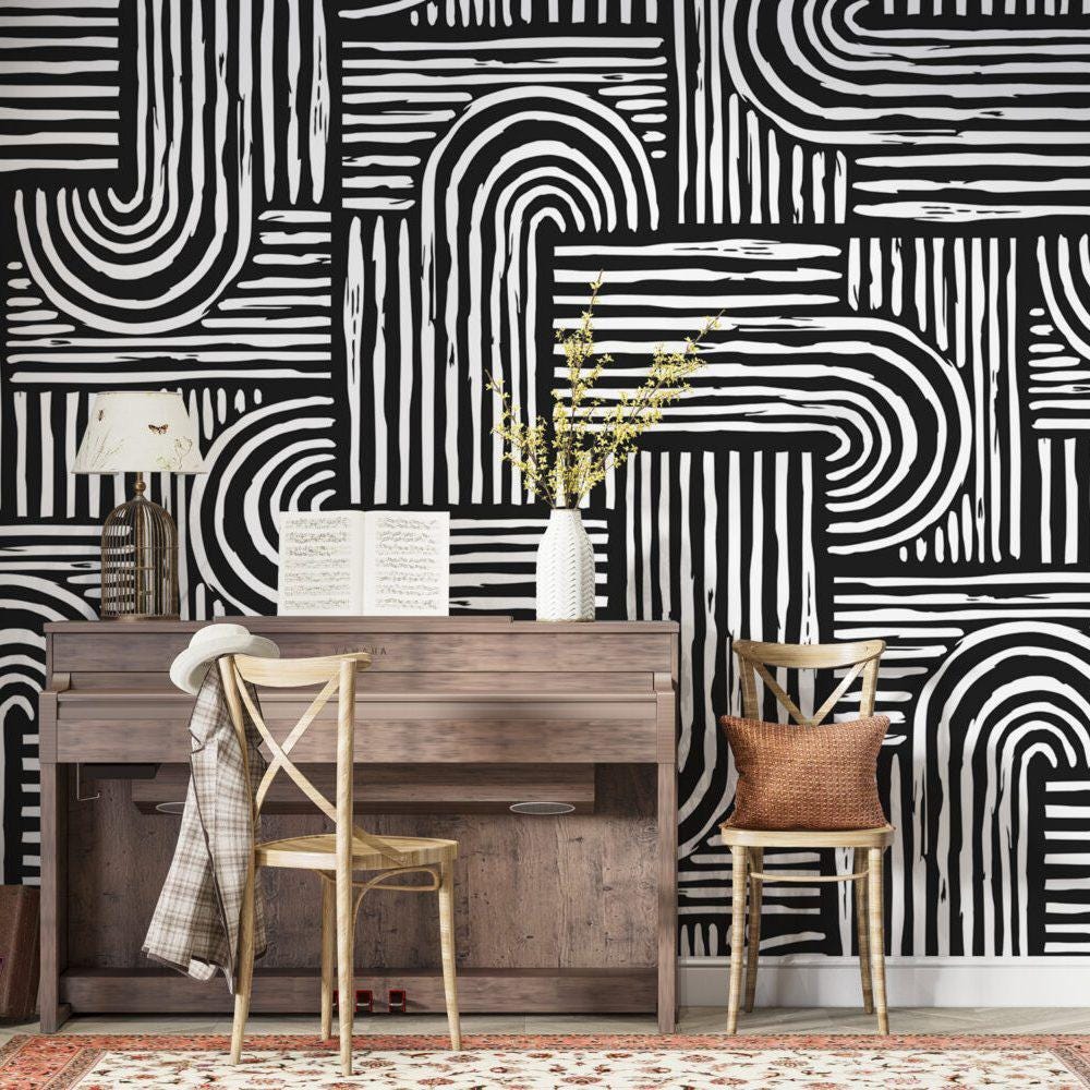 Black and White Lines Wallpaper, Peel & Stick Wallpaper, Stylish Room Design, Modern Wallpaper, Contemporary Wallpaper, Abstract Wall Poster