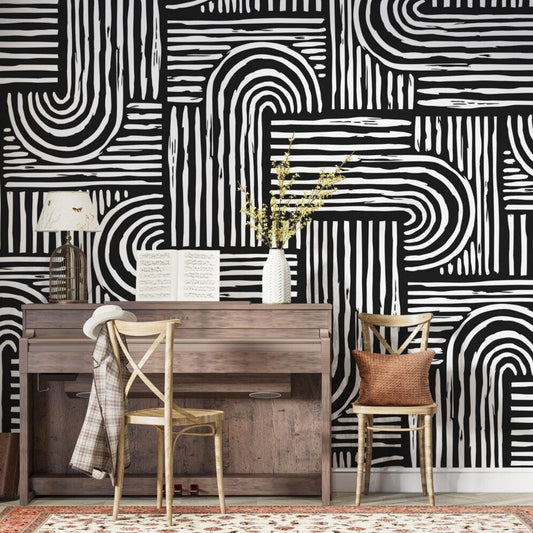 Black and White Lines Wallpaper, Peel & Stick Wallpaper, Stylish Room Design, Modern Wallpaper, Contemporary Wallpaper, Abstract Wall Poster