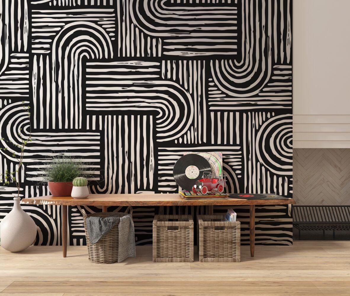 Black and White Lines Wallpaper, Peel & Stick Wallpaper, Stylish Room Design, Modern Wallpaper, Contemporary Wallpaper, Abstract Wall Poster