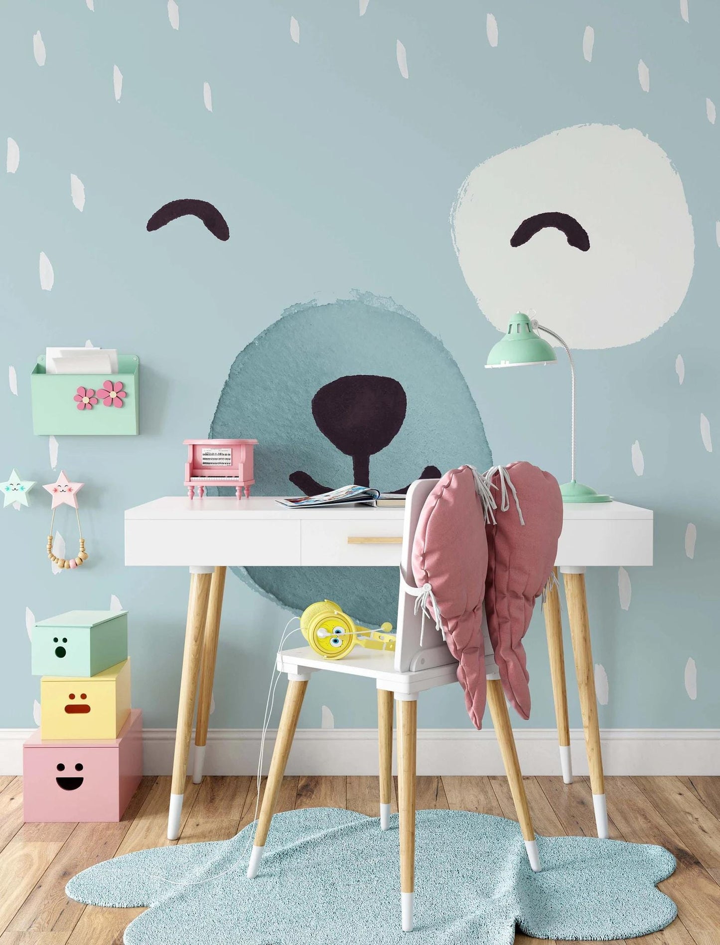 Cute Face in Blue Baby Boy Wallpaper, Child Wallpaper, Blue Wallpaper Nursery, Blue Baby Boy Wallpaper, Kidsroom Wall Poster