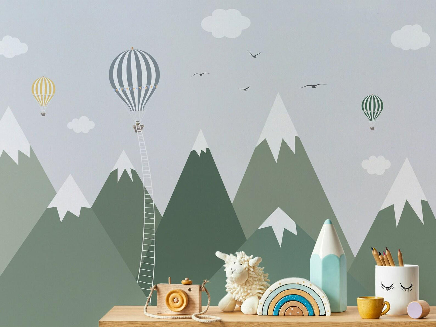 Illustration Green Mountain Kids Wallpaper, Green Wall Poster, Drawwing Child Wallpaper, Funny Baby Wallpaper, Colourful Watercolor Nursery