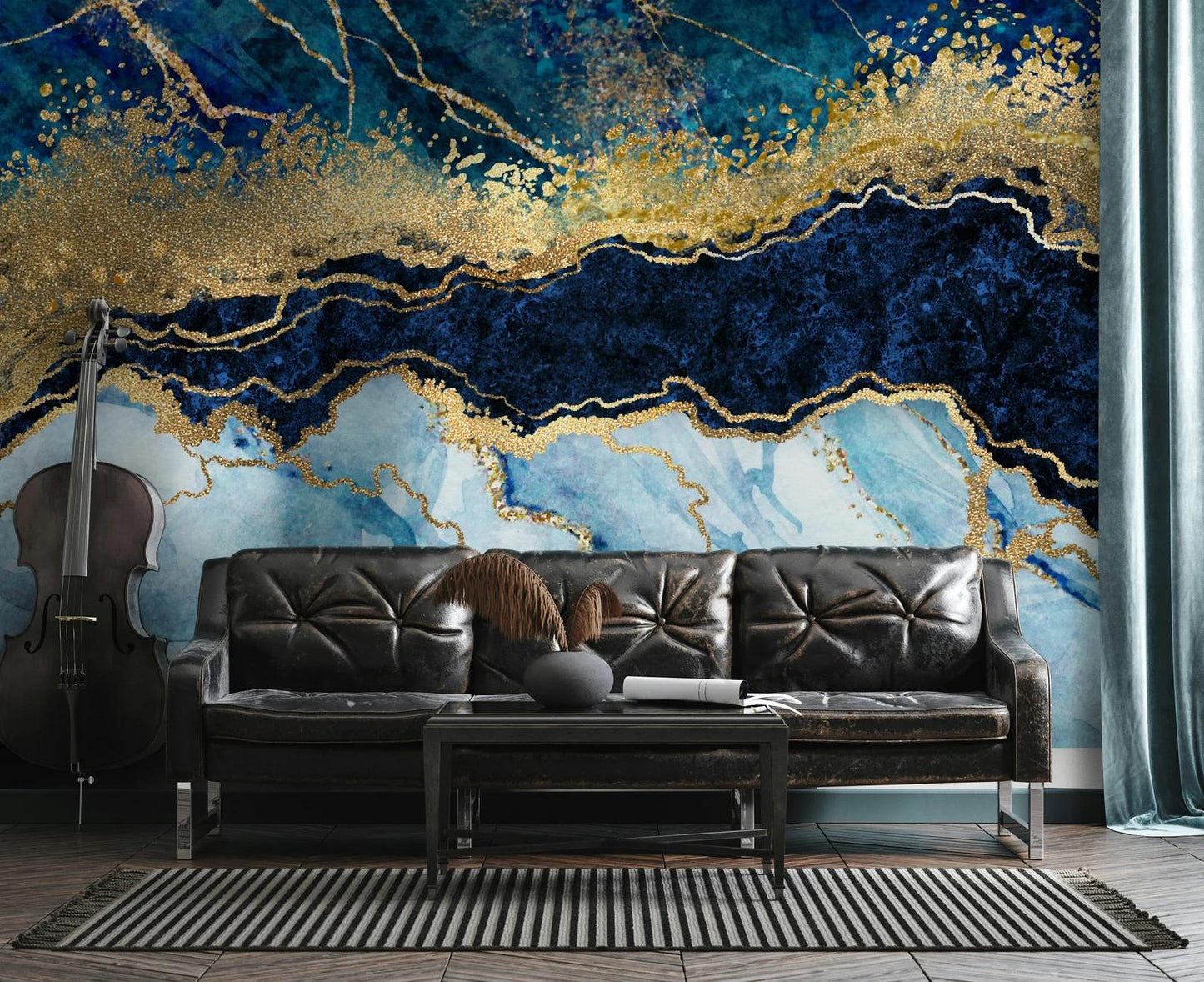 Navy Blue and Gold Marble Effect Wallpaper, Abstract Marble Texture Acrylic Paints Cool Mural, Stylish Wall Design, Modern Wallpaper