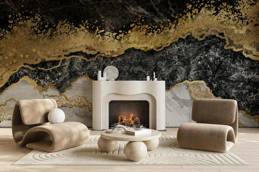 Black and Gold Marble Effect Wallpaper, Abstract Marble Texture Acrylic Paints Cool Mural, Stylish Wall Design, Modern Wallpaper