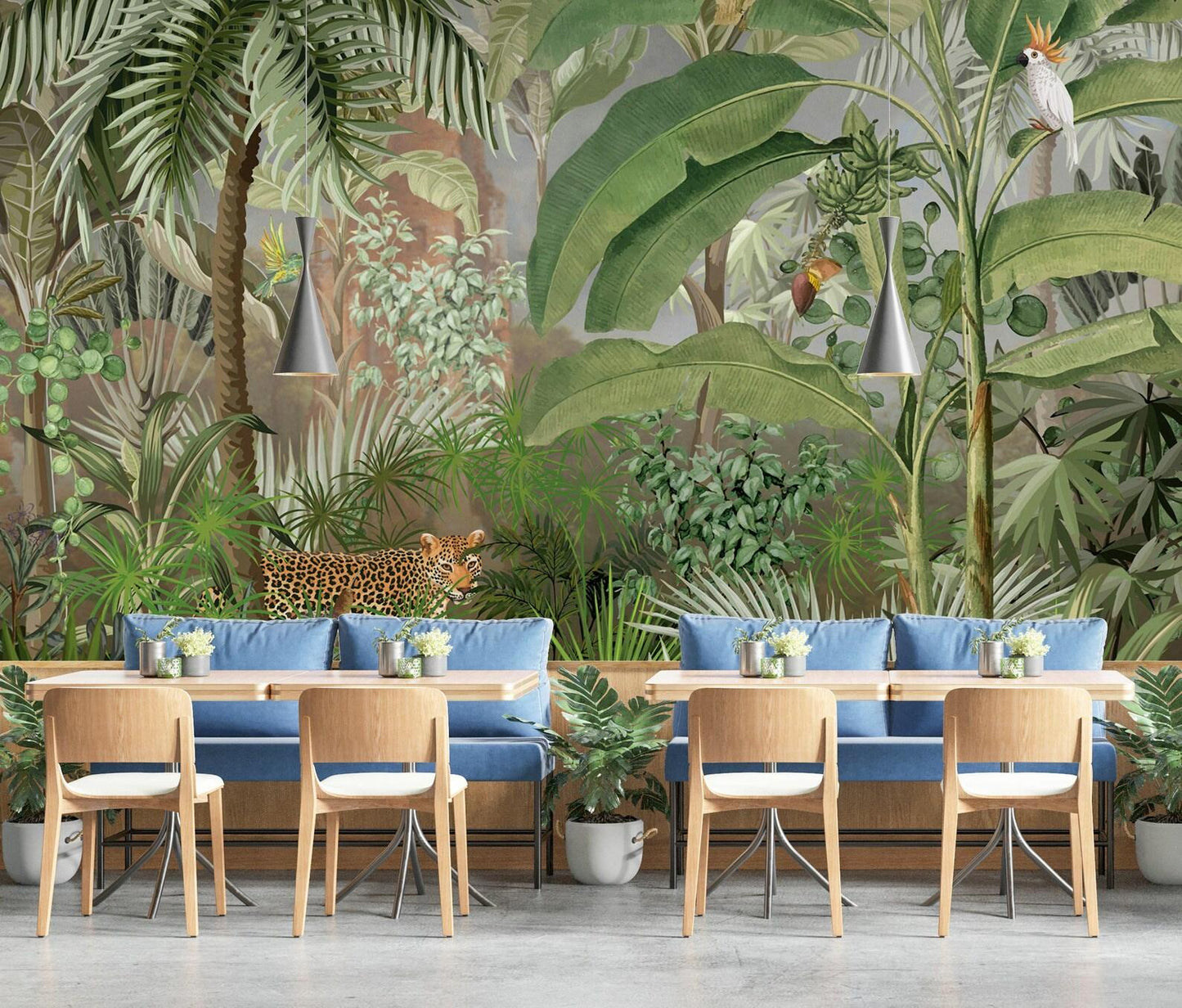 Leopard and Tropical Forest Wallpaper, Rainforest Wallpaper, Exotic Plant Floral Wallpaper, Palm Trees Bohemian Wallpaper, Wild Wallpaper