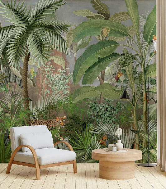 Leopard and Tropical Forest Wallpaper, Rainforest Wallpaper, Exotic Plant Floral Wallpaper, Palm Trees Bohemian Wallpaper, Wild Wallpaper