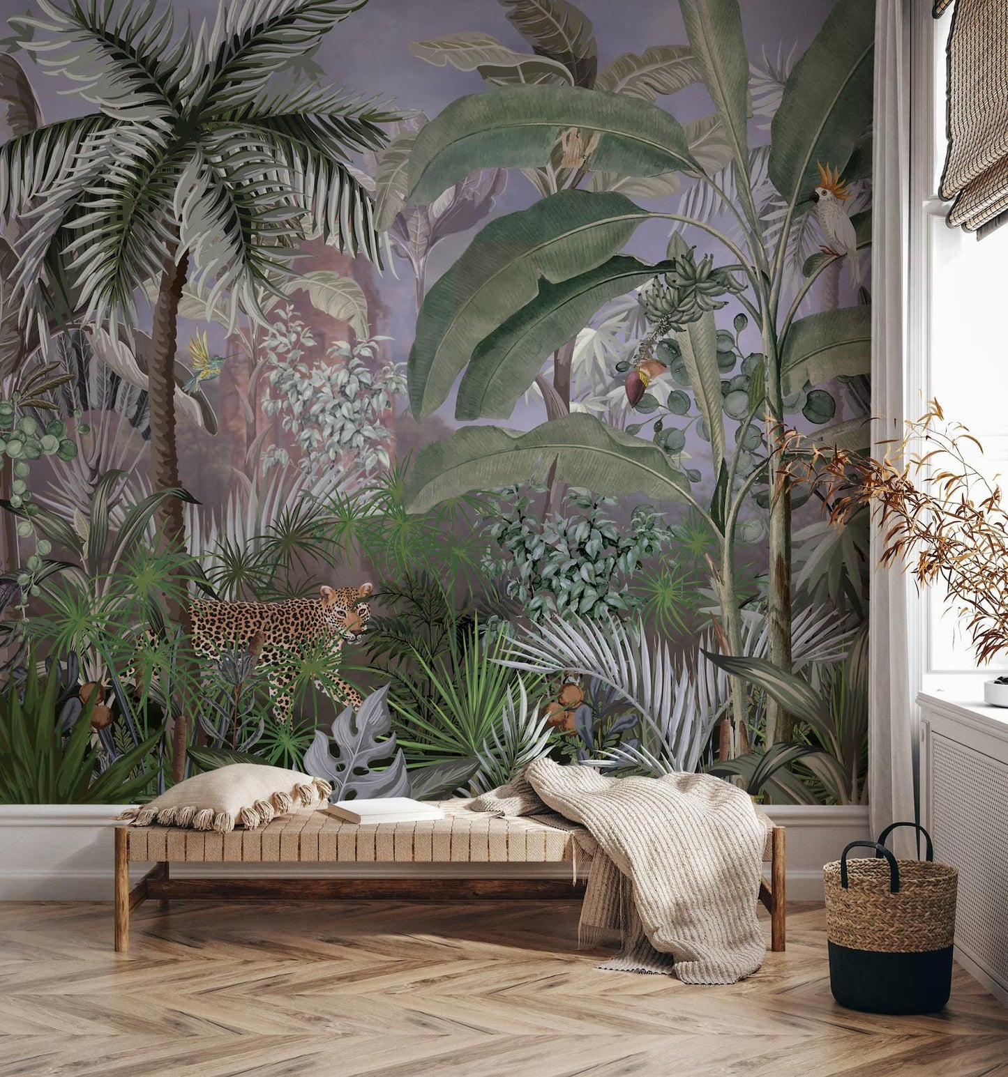 Leopard and Gray Tropical Forest Wallpaper, Wild Rainforest Wallpaper, Exotic Plant Floral Wallpaper, Palm Trees Bohemian Wallpaper