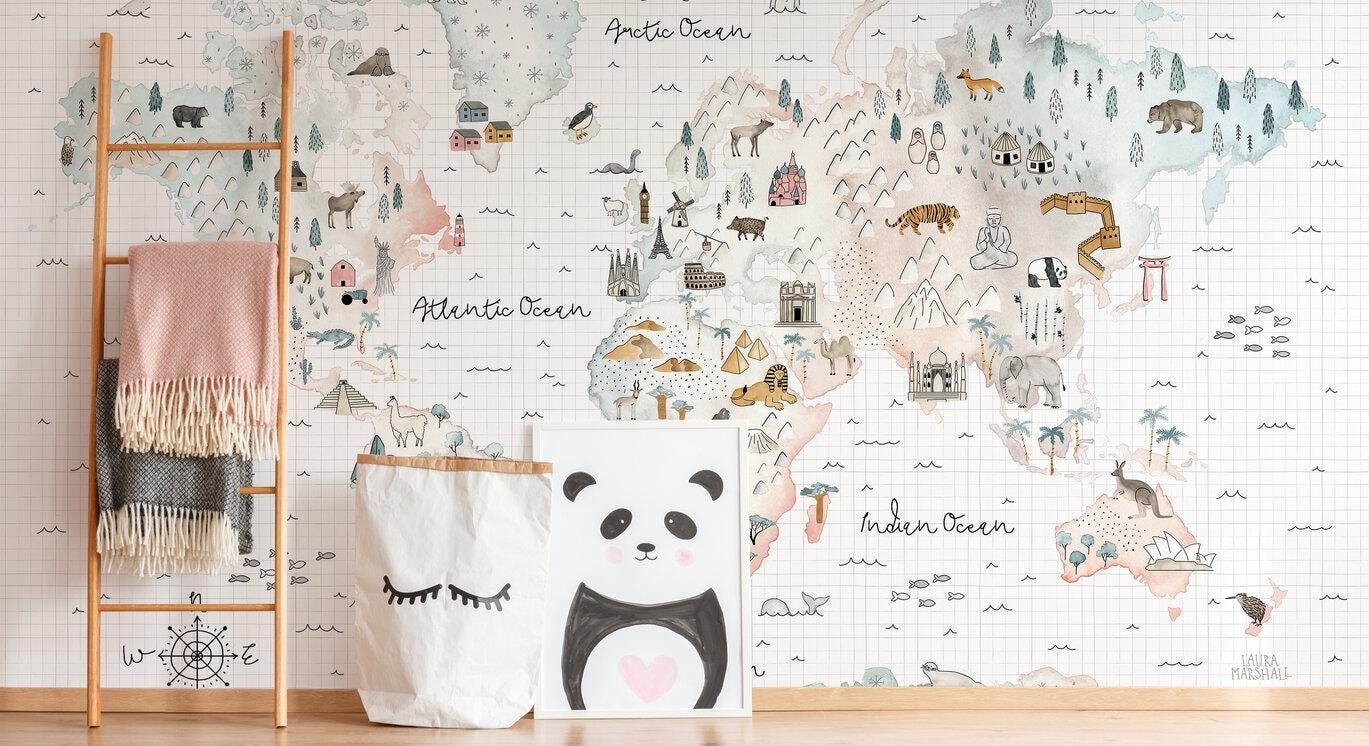 World Map Animal and Geographical Symbols Wallpaper For Kidsroom, Child Wallpaper , Peel and Stick Wall Mural Nursery, Cute Baby Wallpaper