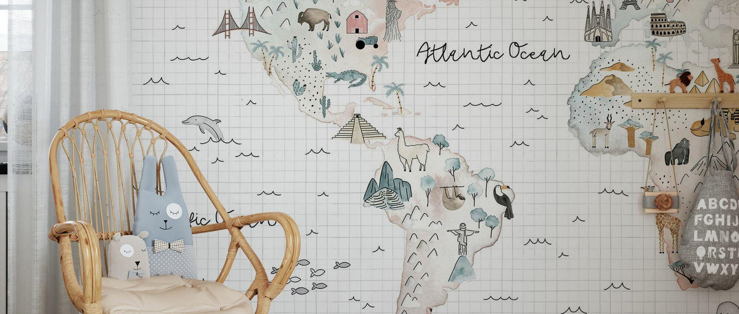World Map Animal and Geographical Symbols Wallpaper For Kidsroom, Child Wallpaper , Peel and Stick Wall Mural Nursery, Cute Baby Wallpaper