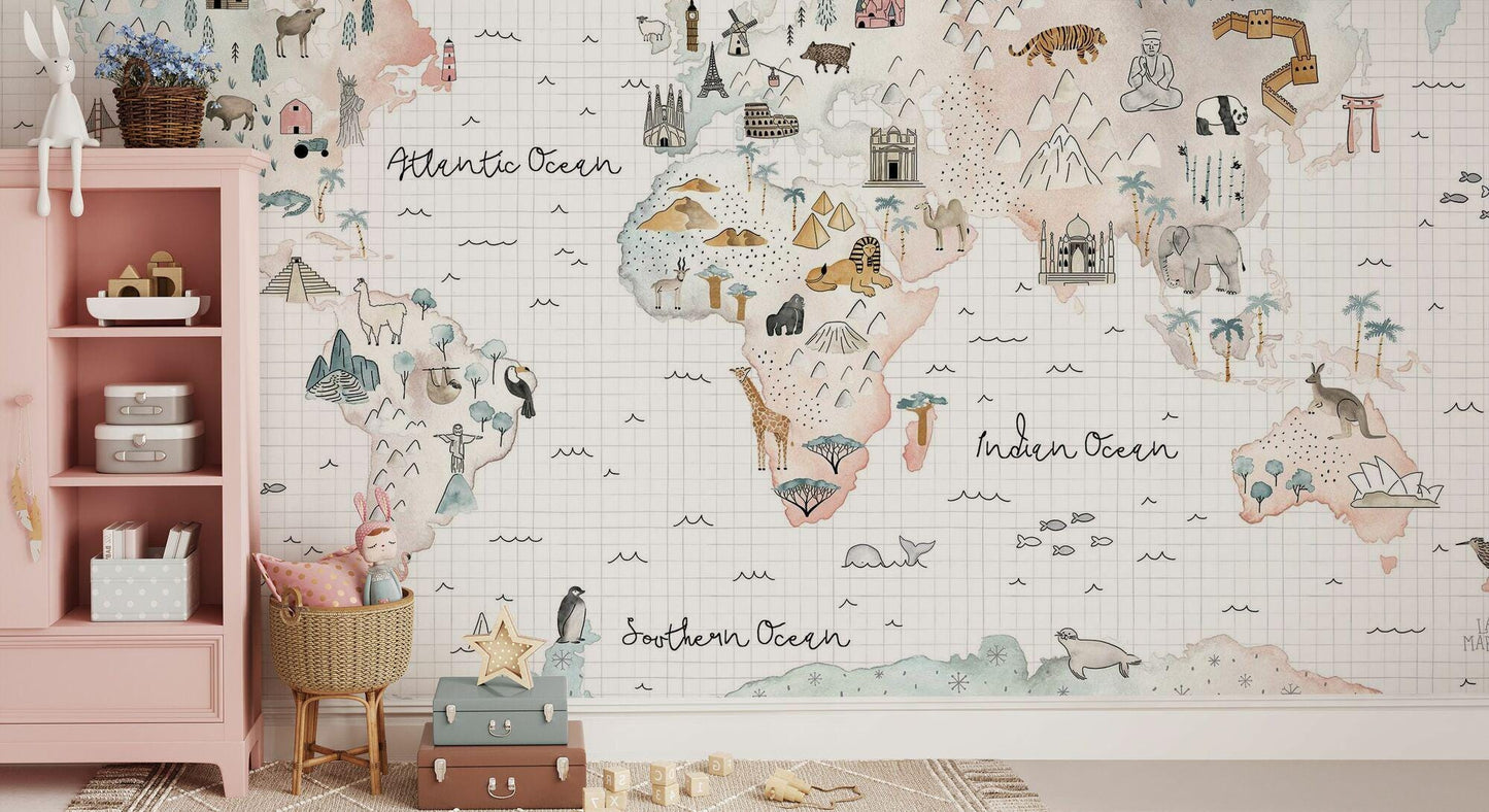 World Map Animal and Geographical Symbols Wallpaper For Kidsroom, Child Wallpaper , Peel and Stick Wall Mural Nursery, Cute Baby Wallpaper