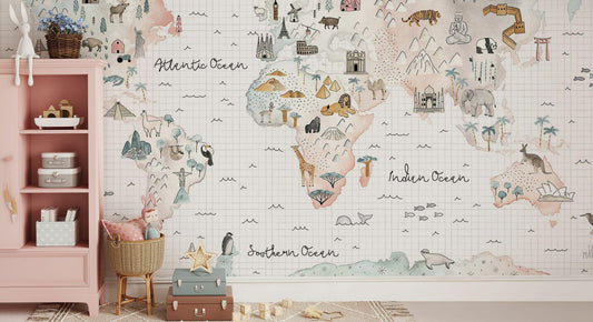 World Map Animal and Geographical Symbols Wallpaper For Kidsroom, Child Wallpaper , Peel and Stick Wall Mural Nursery, Cute Baby Wallpaper
