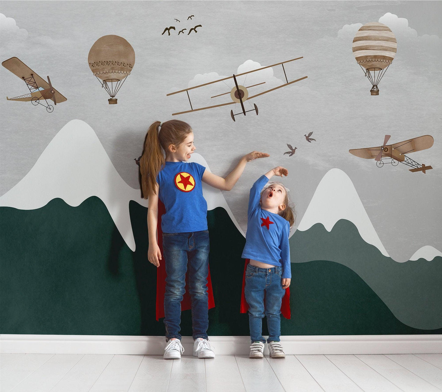Illustration Snowy Green Mountain With Planes Kids Wallpaper, Green Child Wall Poster, Funny Baby Wallpaper, Colourful Watercolor Nursery