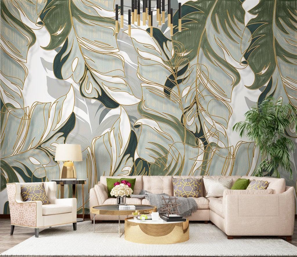 Green Leaves Wallpaper, Nature Illustration Wallpaper, Design Botany Mural, Peel and Stick Wallpaper, Stylish Tropical Drawwing Wallpaper