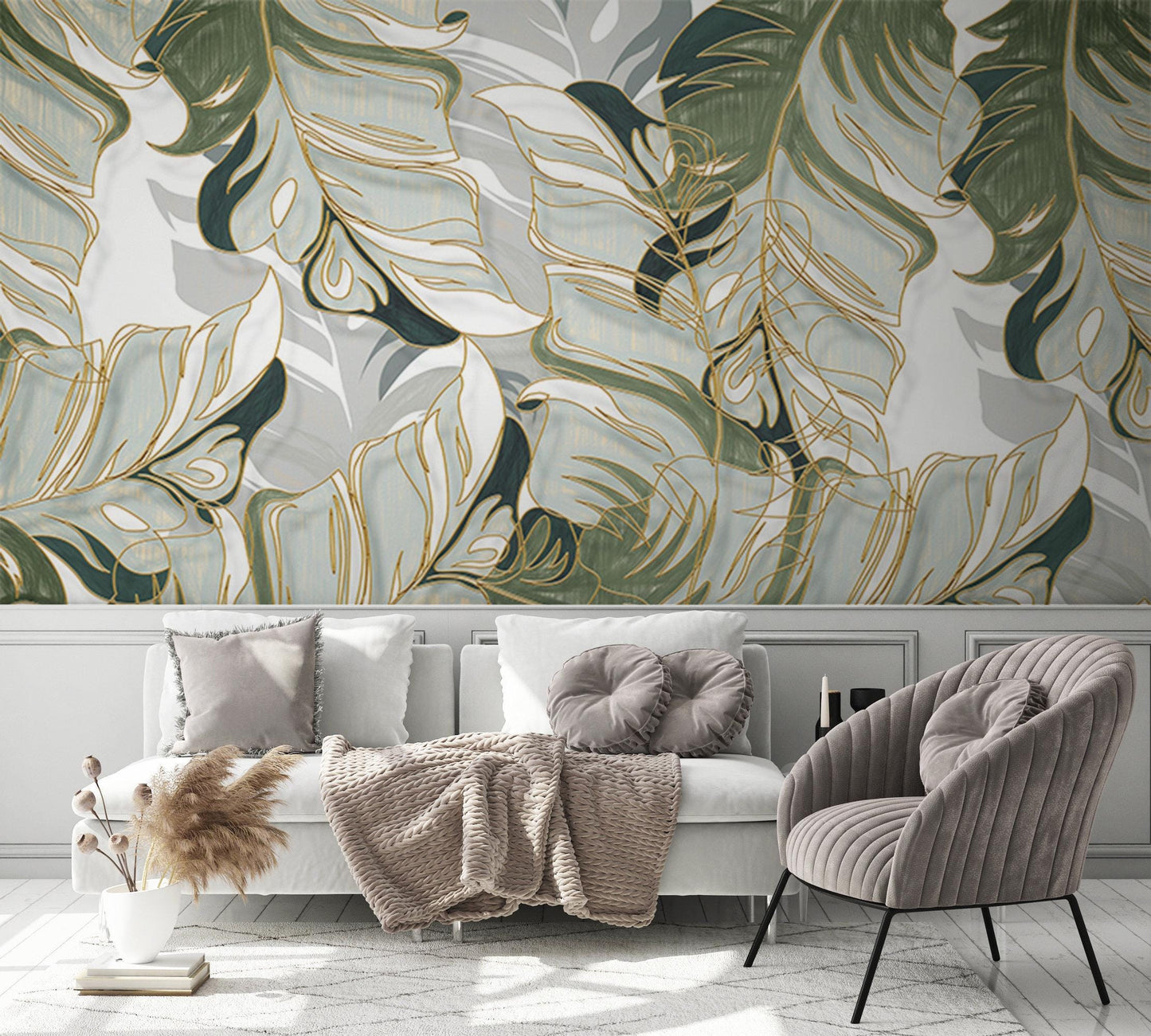 Green Leaves Wallpaper, Nature Illustration Wallpaper, Design Botany Mural, Peel and Stick Wallpaper, Stylish Tropical Drawwing Wallpaper