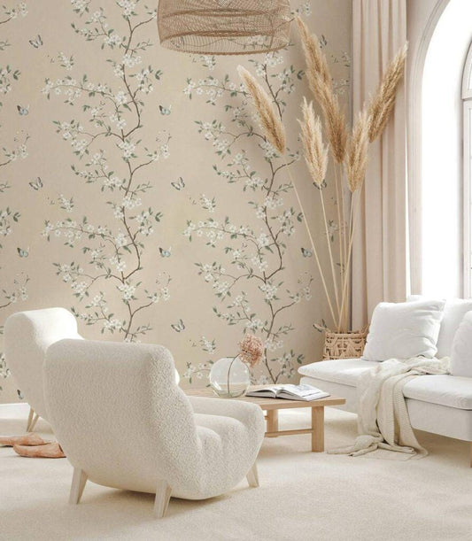 Elegant White Flowers and Butterflies Wallpaper, Spring Branch Wallpaper, Vintage Floral Wallpaper, Romantic Mural, Beige Bloom Wallpaper