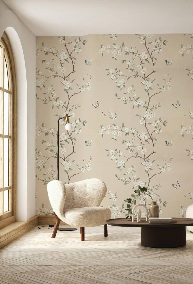 Elegant White Flowers and Butterflies Wallpaper, Spring Branch Wallpaper, Vintage Floral Wallpaper, Romantic Mural, Beige Bloom Wallpaper