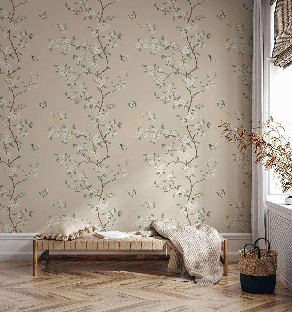 Elegant White Flowers and Butterflies Wallpaper, Spring Branch Wallpaper, Vintage Floral Wallpaper, Romantic Mural, Beige Bloom Wallpaper