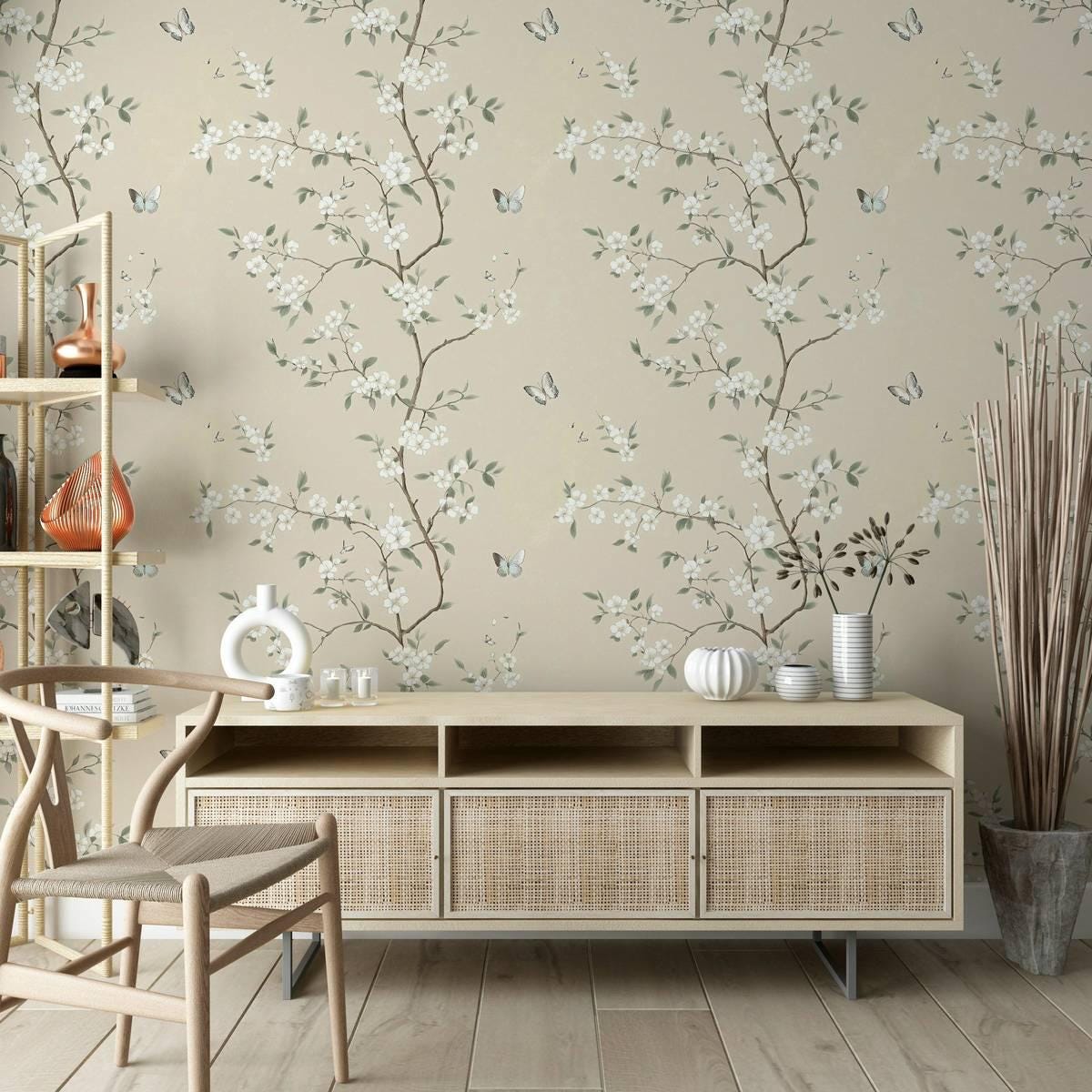 Elegant White Flowers and Butterflies Wallpaper, Spring Branch Wallpaper, Vintage Floral Wallpaper, Romantic Mural, Beige Bloom Wallpaper