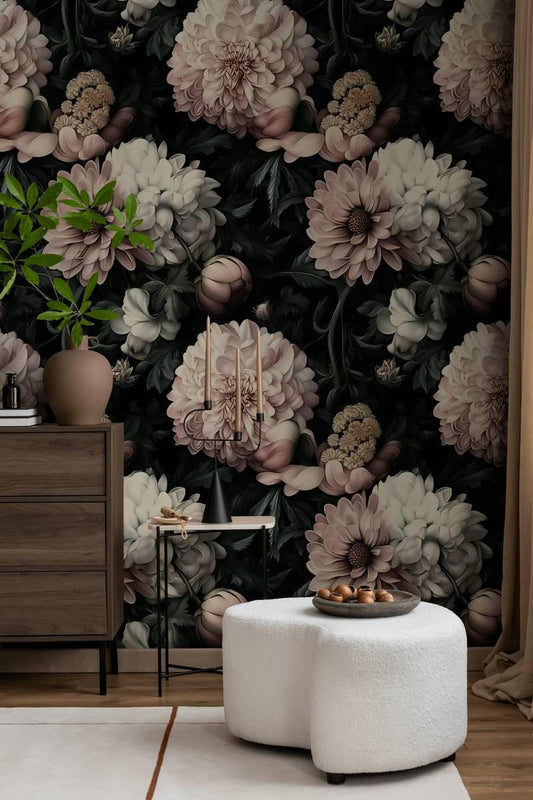 Garden in the Shadow of Night Wallpaper, Elegant Flowers Wallpaper, Darkness Floral Painting Wallpaper, Romantic Mural, Bloom Wallpaper