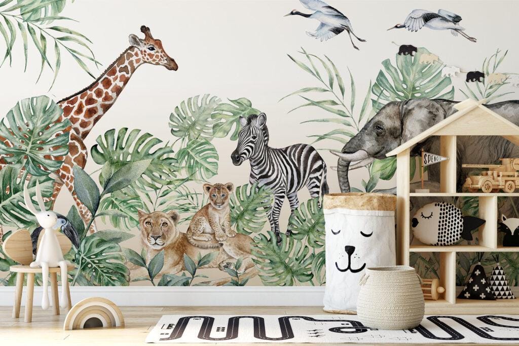 Wildlife Animals Kids Wallpaper, Elephant Giraffe Zebra Wallpaper for Kidsroom, Safari Child Wallpaper, Tropical Jungle Wallpaper Nursery