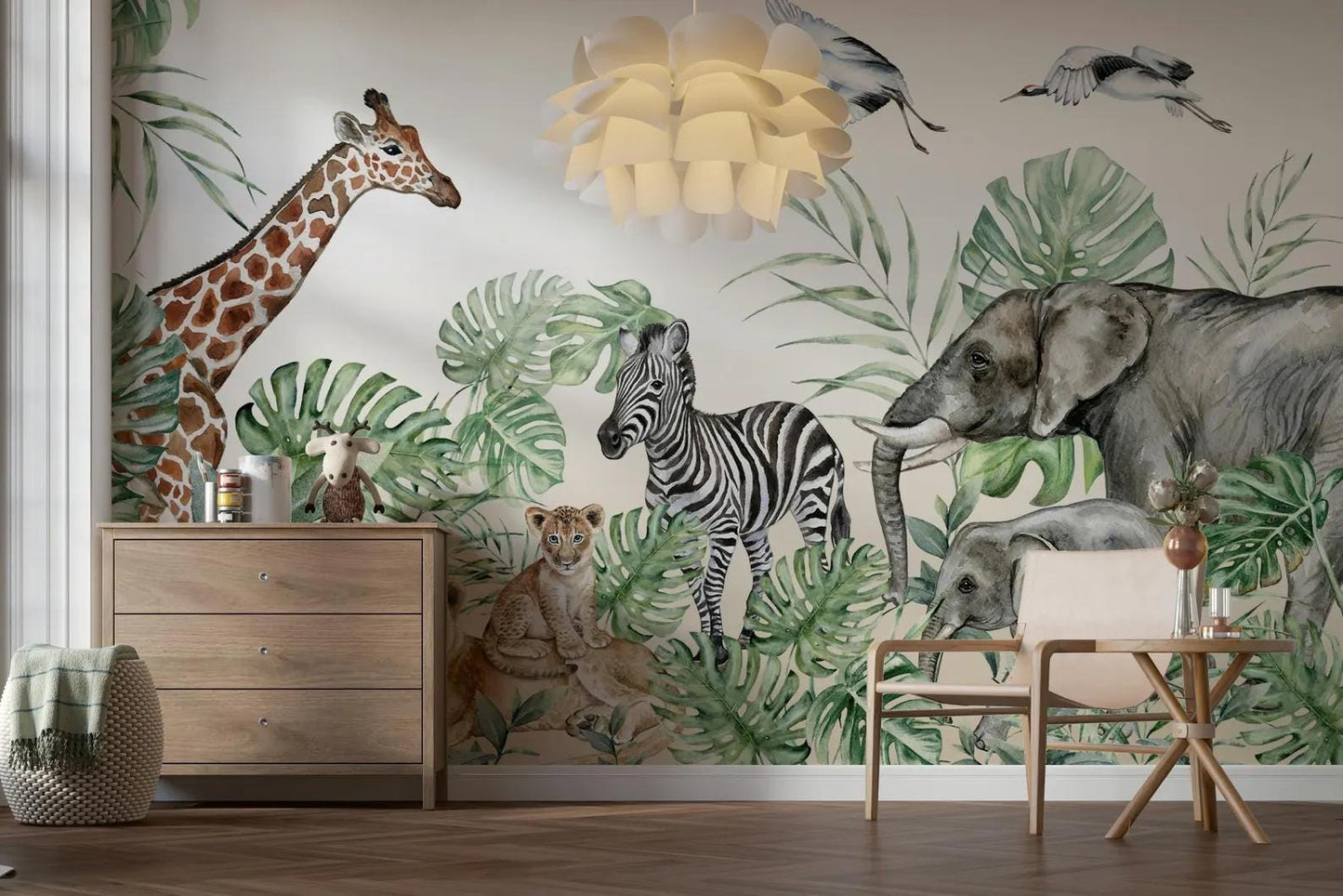 Wildlife Animals Kids Wallpaper, Elephant Giraffe Zebra Wallpaper for Kidsroom, Safari Child Wallpaper, Tropical Jungle Wallpaper Nursery