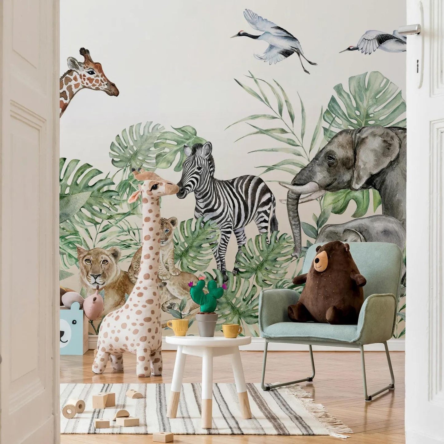 Wildlife Animals Kids Wallpaper, Elephant Giraffe Zebra Wallpaper for Kidsroom, Safari Child Wallpaper, Tropical Jungle Wallpaper Nursery