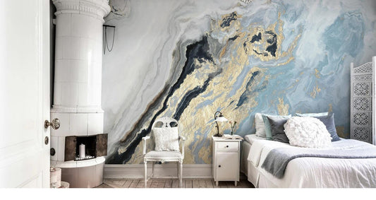 Blue Tones Marble Wallpaper with Gold Color Effect Wallpaper, Abstract Marble Texture Acrylic Paints Cool Mural, Stylish Modern Wallpaper
