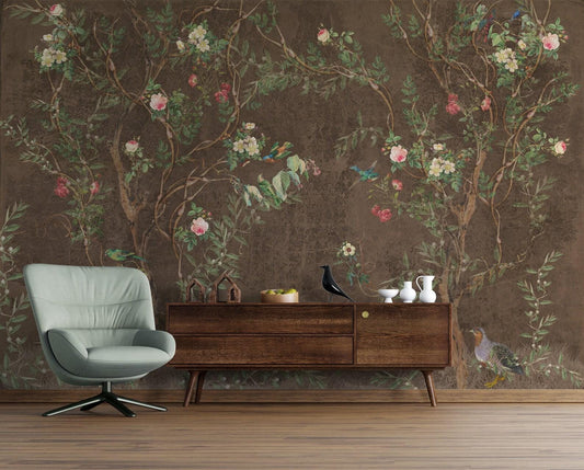 Elegant Bird and Flowers Wallpaper Brown, Spring Floral Wallpaper, Vintage Wallpaper, Romantic Mural, Bloom Wallpaper