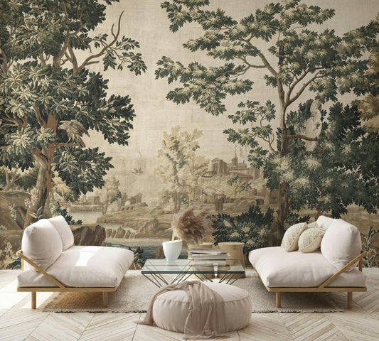 Vintage Design Wallpaper, Trees and Old Town Wallpaper, Bohemian Wall Mural, Peel and Stick Wallpaper, Mystic Room Design