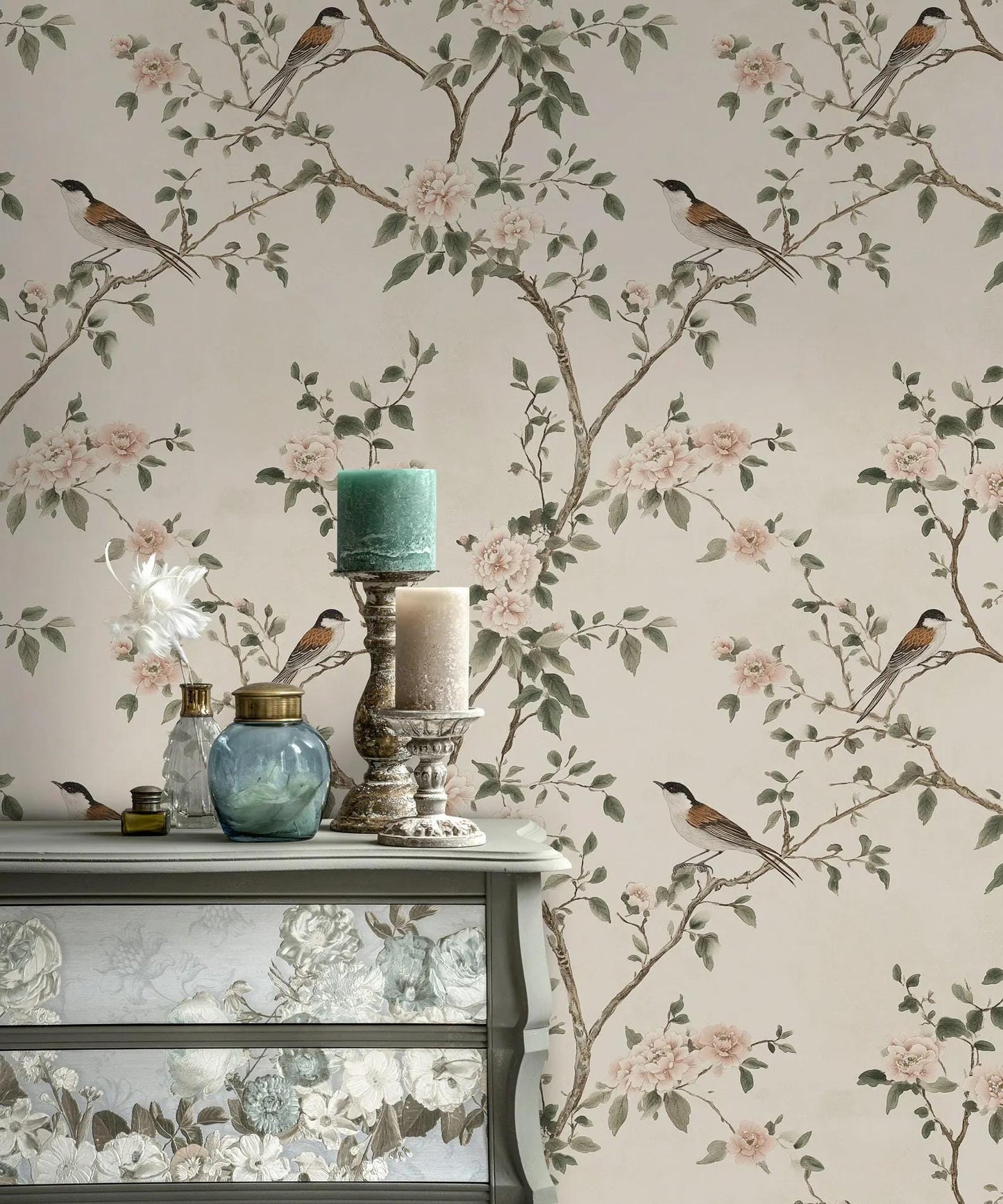 Birds and Pink Flowers on Beige Background Wallpaper, Spring Wallpaper, Vintage Floral Wallpaper, Romantic Mural, Bloom Wallpaper